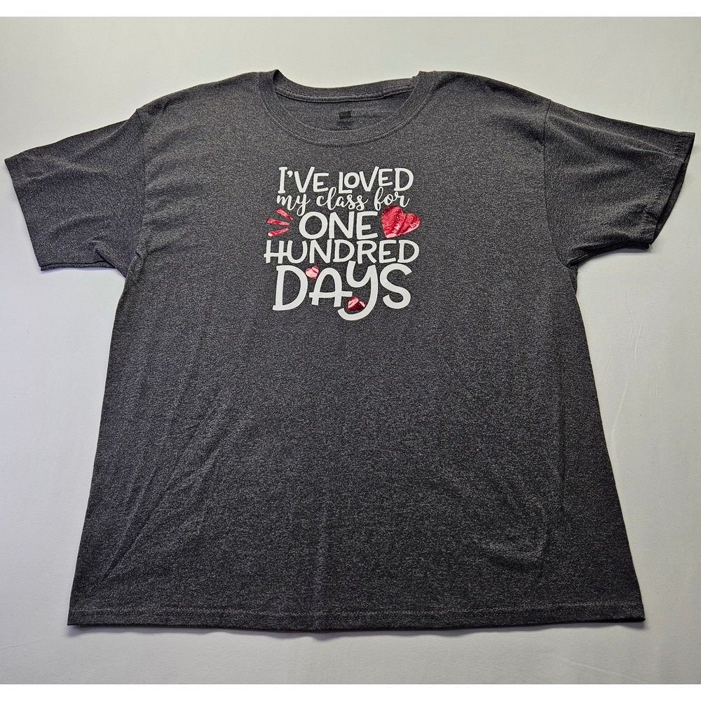 Hanes Womens 100 Days of School Teacher T-Shirt Gray Glitter Hearts Large L
